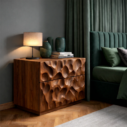 Compact bedside storage table designed with flowing carved surface and smooth walnut tone finish