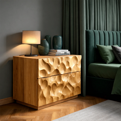 Artistic bedroom nightstand featuring dimensional drawer fronts and warm oak tone finish