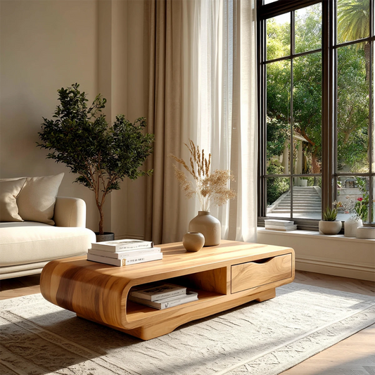 Modern coffee table with open shelf storage and curved edges for clean living room styling
