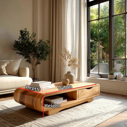Stylish coffee table with open shelf and hidden drawer for practical living room use