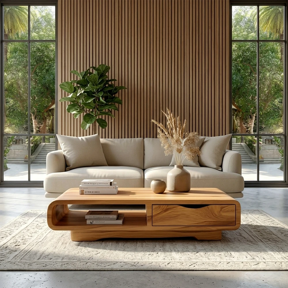 Modern living room with a beige sectional sofa and wooden coffee table.
