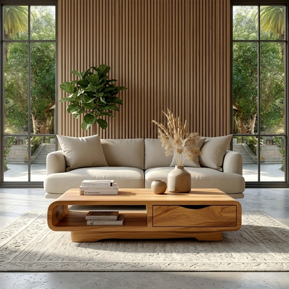 Modern living room with a beige sectional sofa and wooden coffee table.