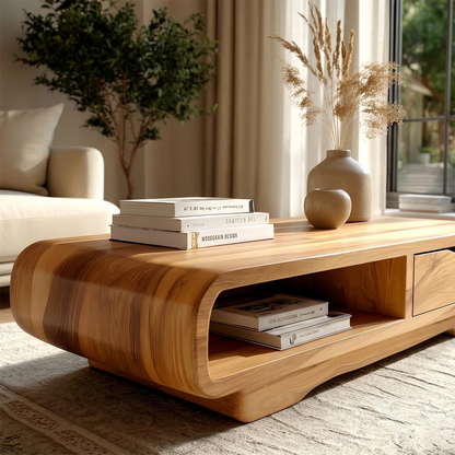Minimalist coffee table with built-in shelf and smooth rounded design for modern interiors