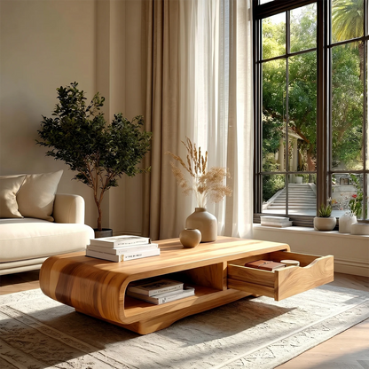 Contemporary coffee table with storage drawer and open shelf for functional living rooms