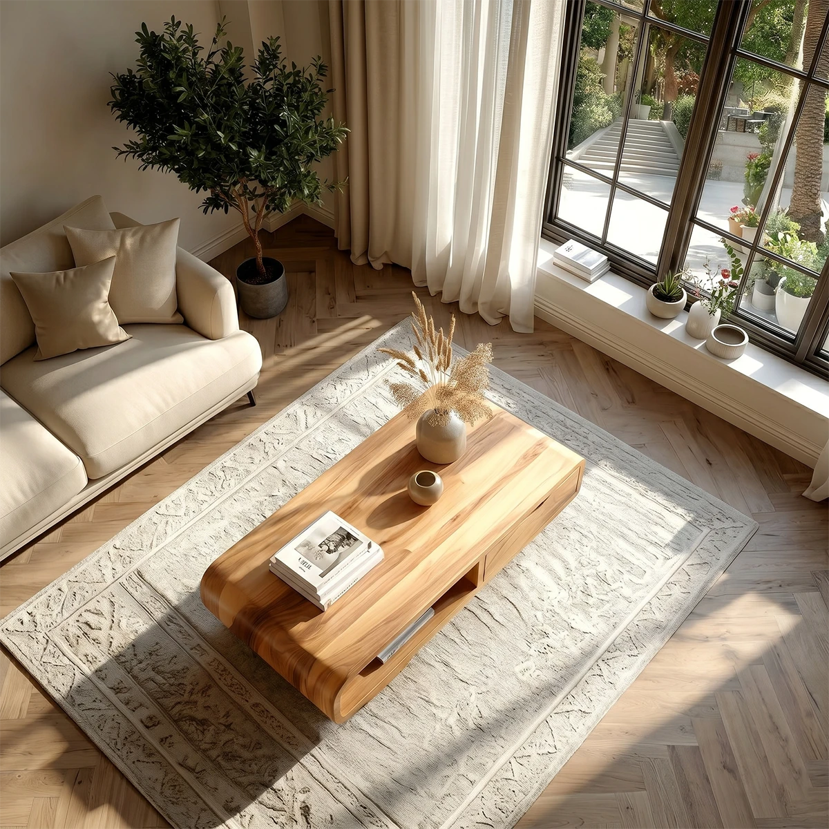 Living room coffee table with curved corners and open storage for everyday organization