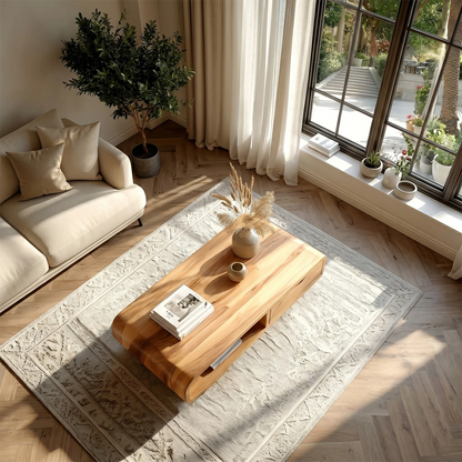 Living room coffee table with curved corners and open storage for everyday organization