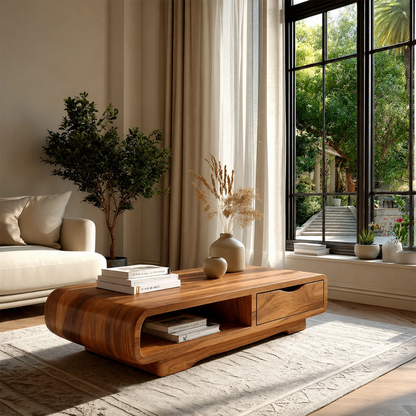 Sleek coffee table with shelf storage and soft edge design for modern home interiors