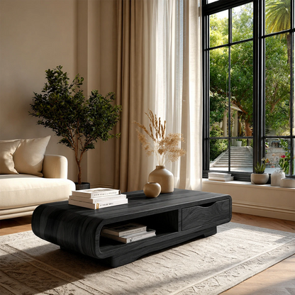 Functional coffee table with drawer and open shelf for clutter-free modern interiors