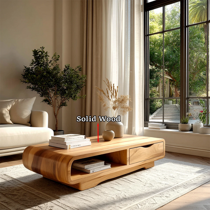 Designer coffee table with curved profile and built-in storage for contemporary spaces