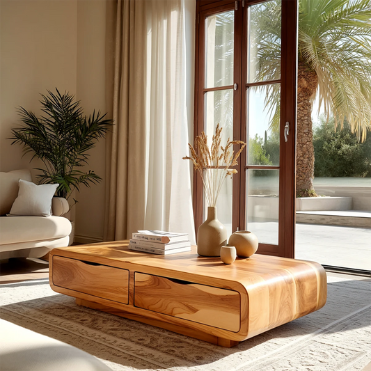 Minimalist coffee table featuring hidden storage and smooth rounded edges for modern interiors