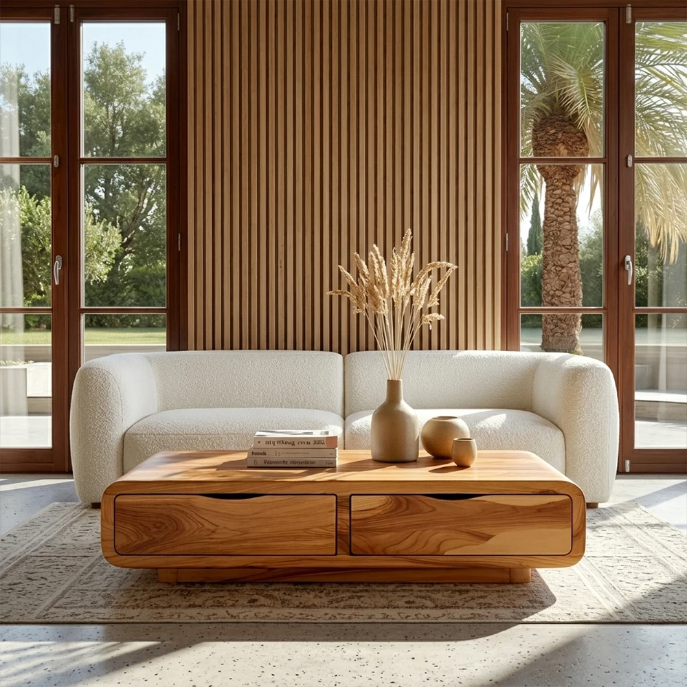 Modern living room with a white sofa and wooden coffee table.