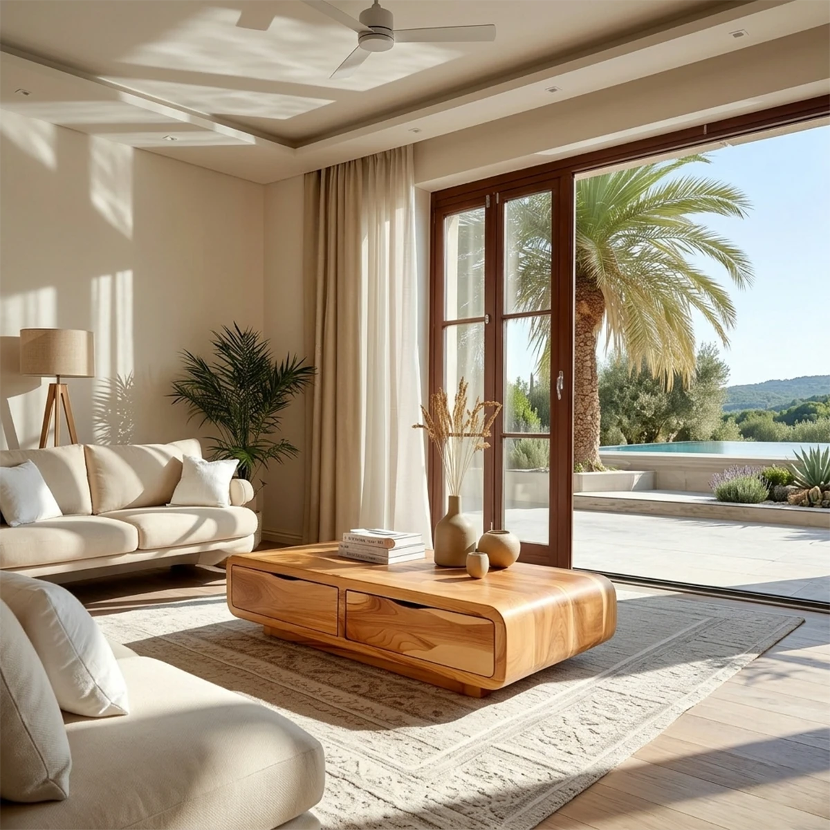 Modern coffee table with built-in storage drawers and low profile for clean living room design