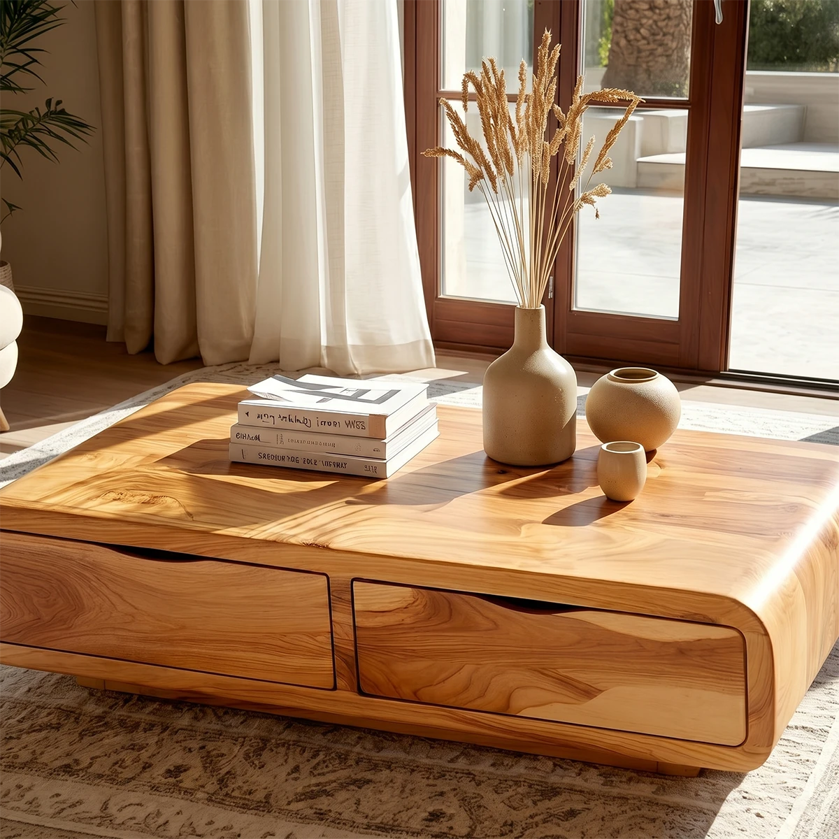 Low profile coffee table with integrated drawers for organized and clutter-free living spaces