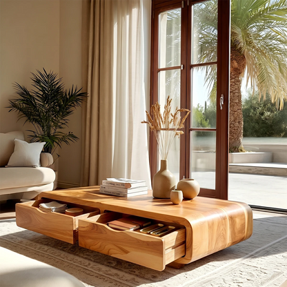 Contemporary coffee table with soft curved corners and storage compartments for daily use