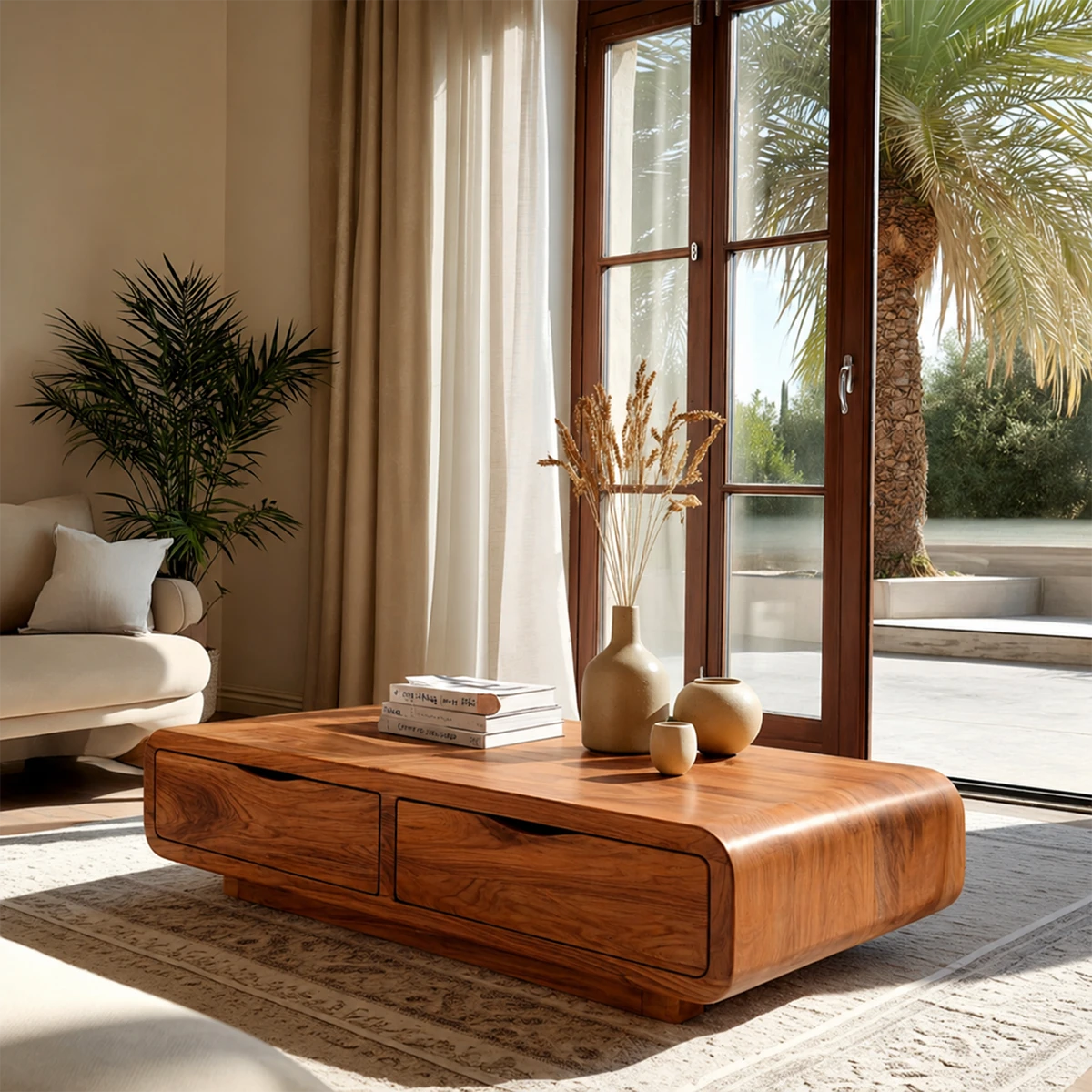 Functional coffee table with storage drawers and smooth edges for minimalist interiors