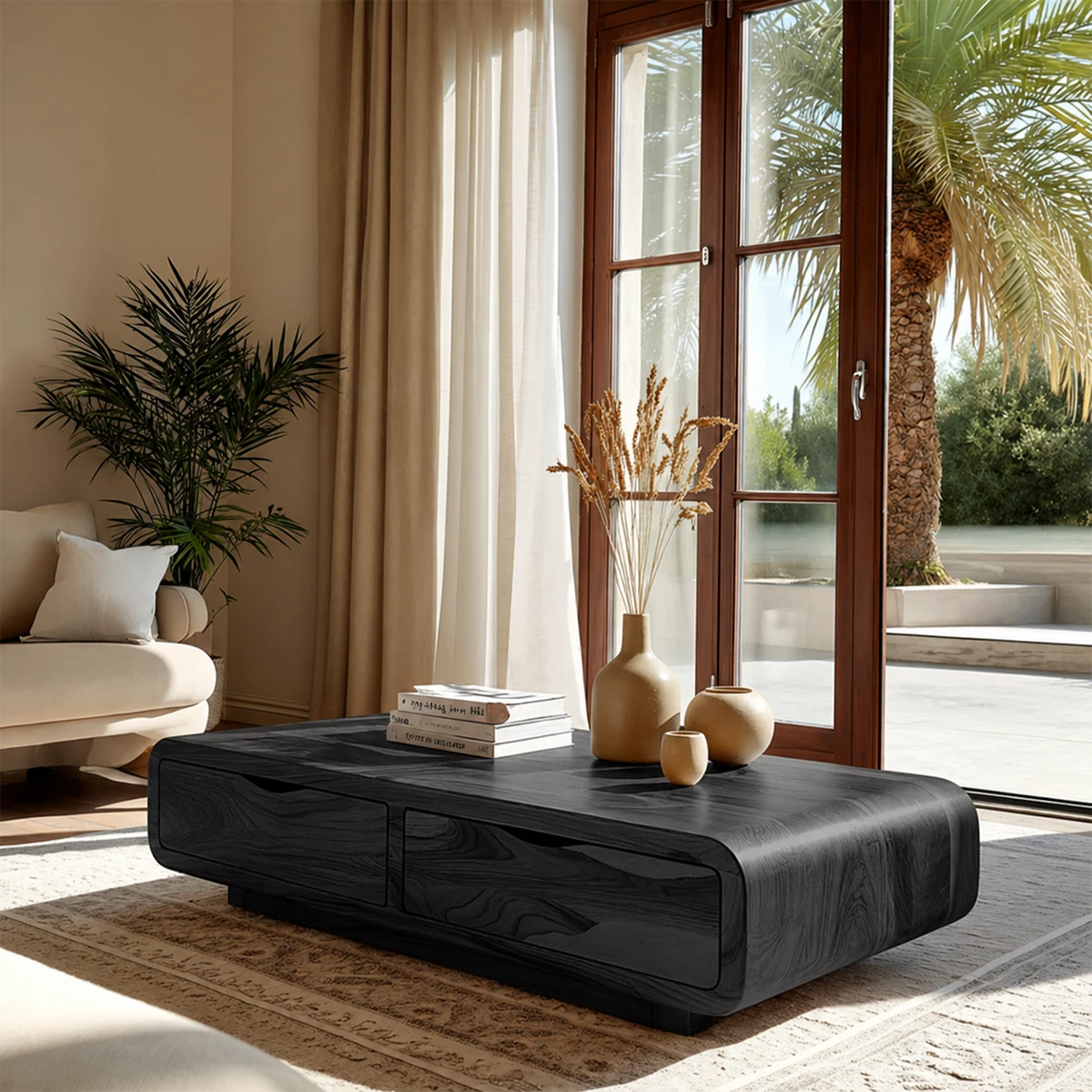 Compact coffee table with built-in storage and rounded design for modern interior spaces