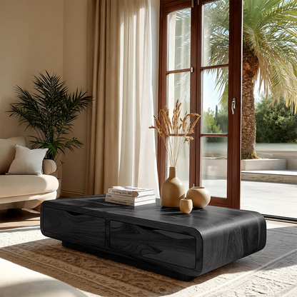 Compact coffee table with built-in storage and rounded design for modern interior spaces