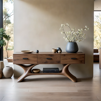 Contemporary entryway console table with organic wood base and built in storage drawers for modern homes