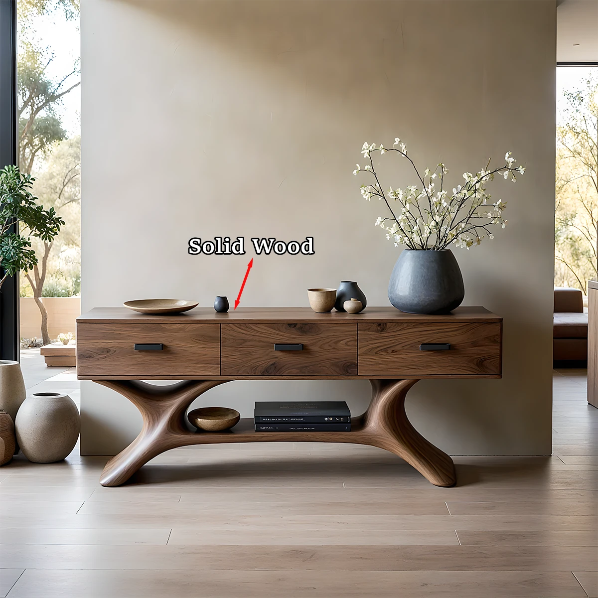 Functional console table with natural wood design and integrated drawers for modern entryway use