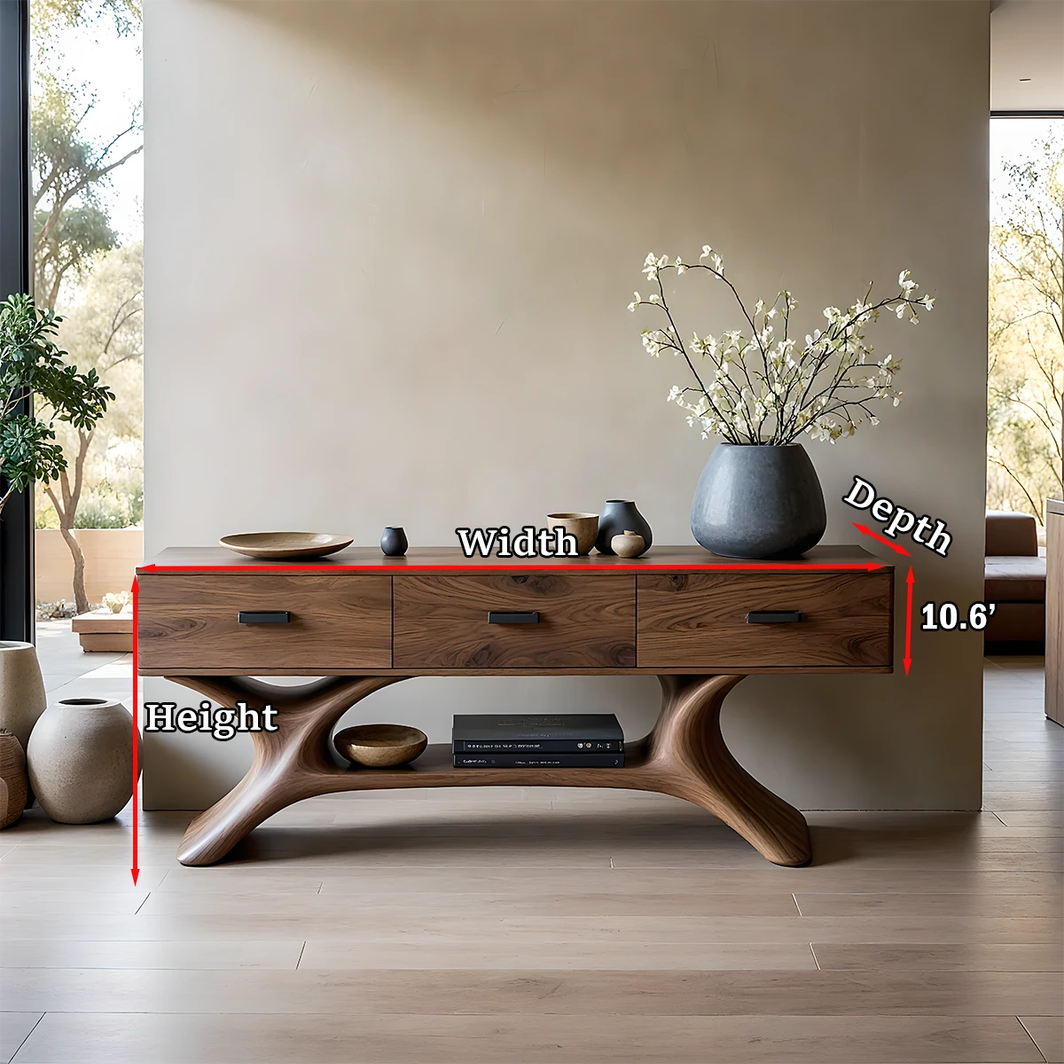 Minimalist entry console table with curved wooden base and smooth storage drawers in open layout