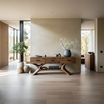Minimalist console table design with curved wood legs and integrated drawers in bright living space