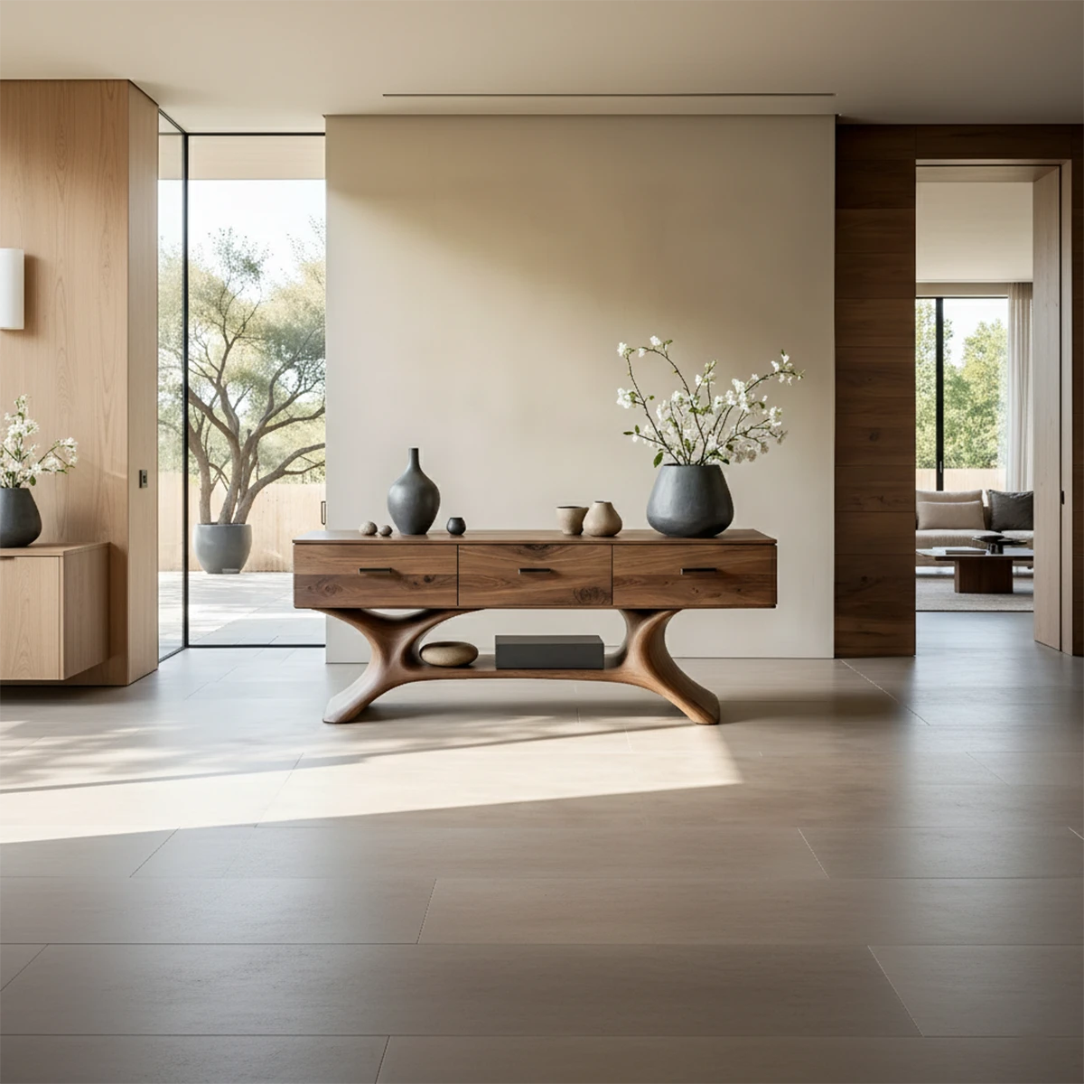 Elegant hallway console table with smooth natural wood texture and sculptural base in modern interior