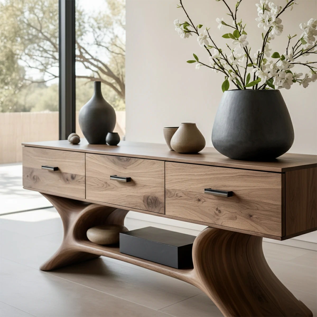 Stylish modern console table with three drawers and artistic wood base in open concept home setting