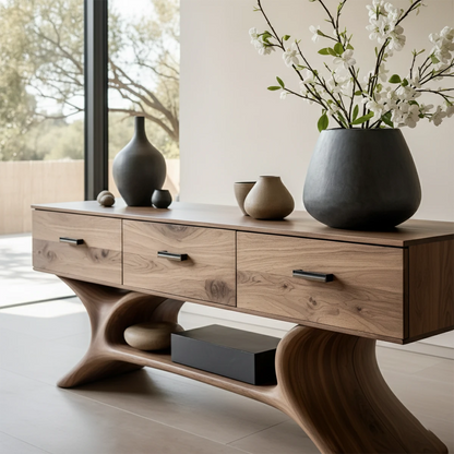 Stylish modern console table with three drawers and artistic wood base in open concept home setting
