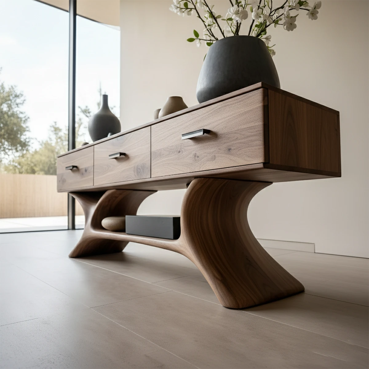 Contemporary wooden console table with unique curved support and storage drawers in clean space
