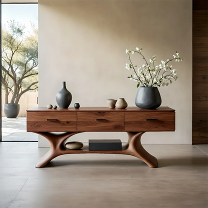 Modern storage console table with clean lines, drawers and organic wood base in airy interior