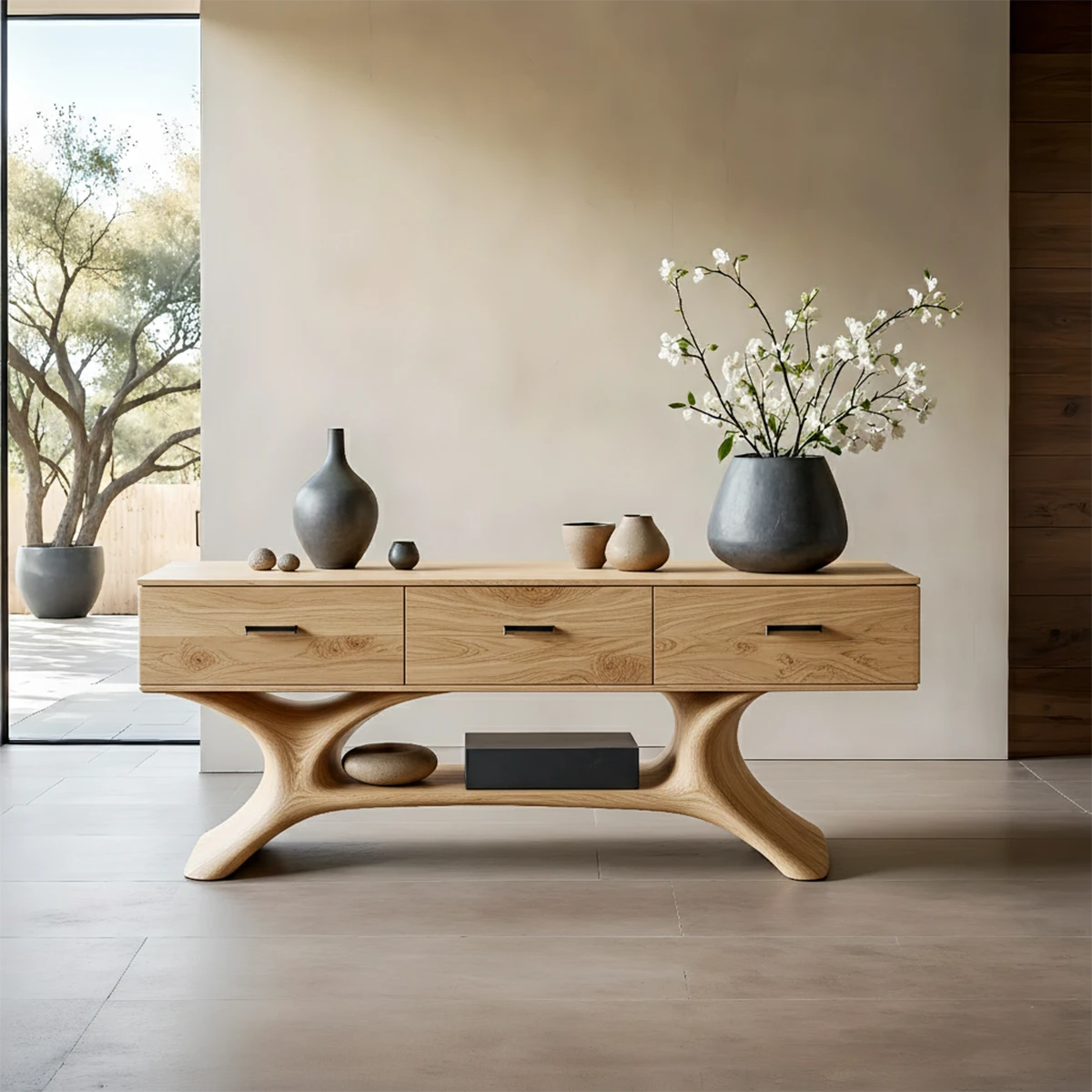 Designer console table with artistic wood frame and functional drawers in contemporary living area