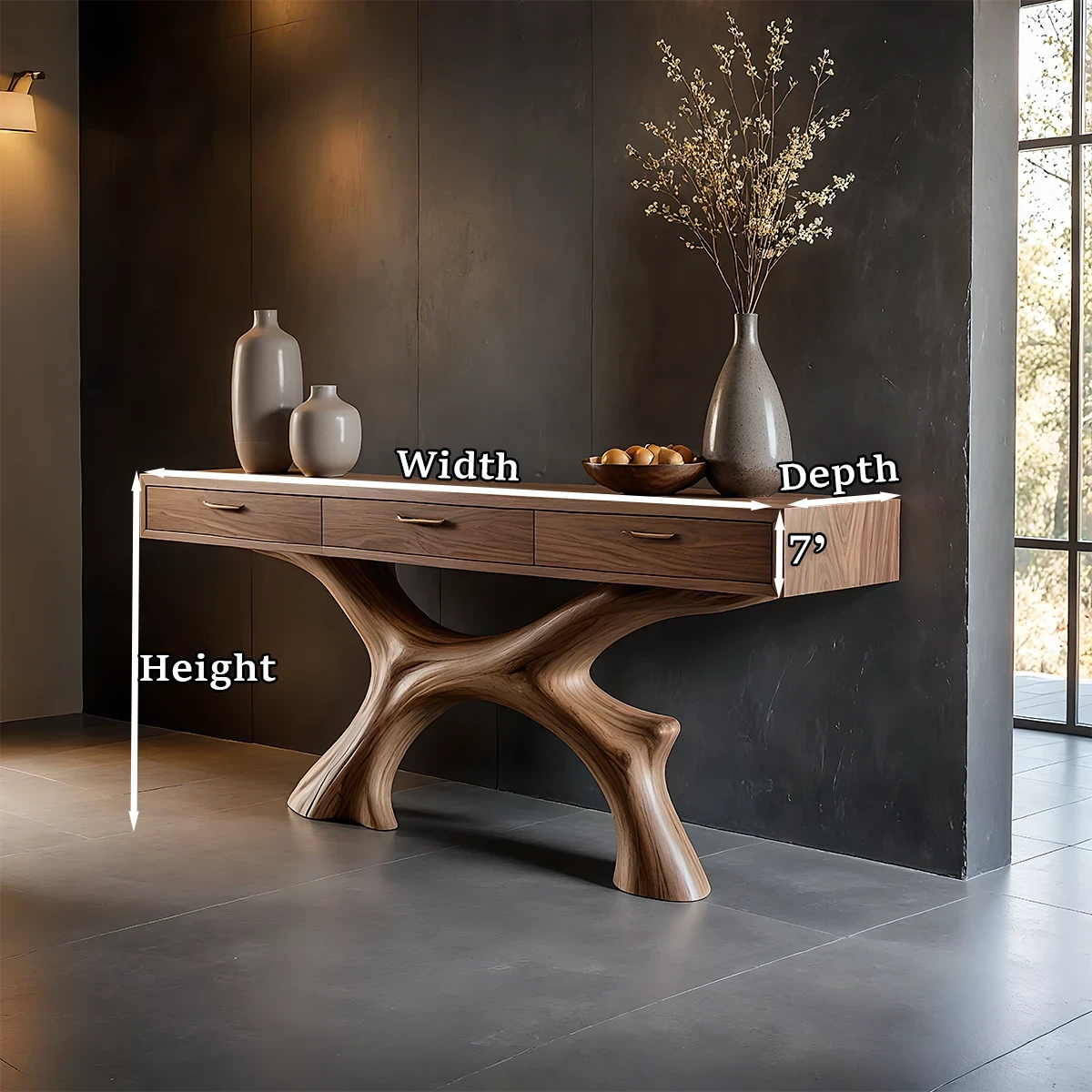 Unique console cabinet with organic base silhouette and multiple drawers for modern homes