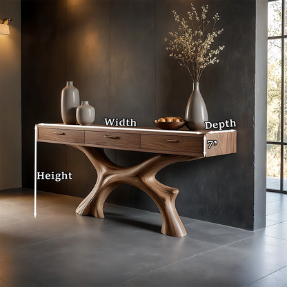 Unique console cabinet with organic base silhouette and multiple drawers for modern homes