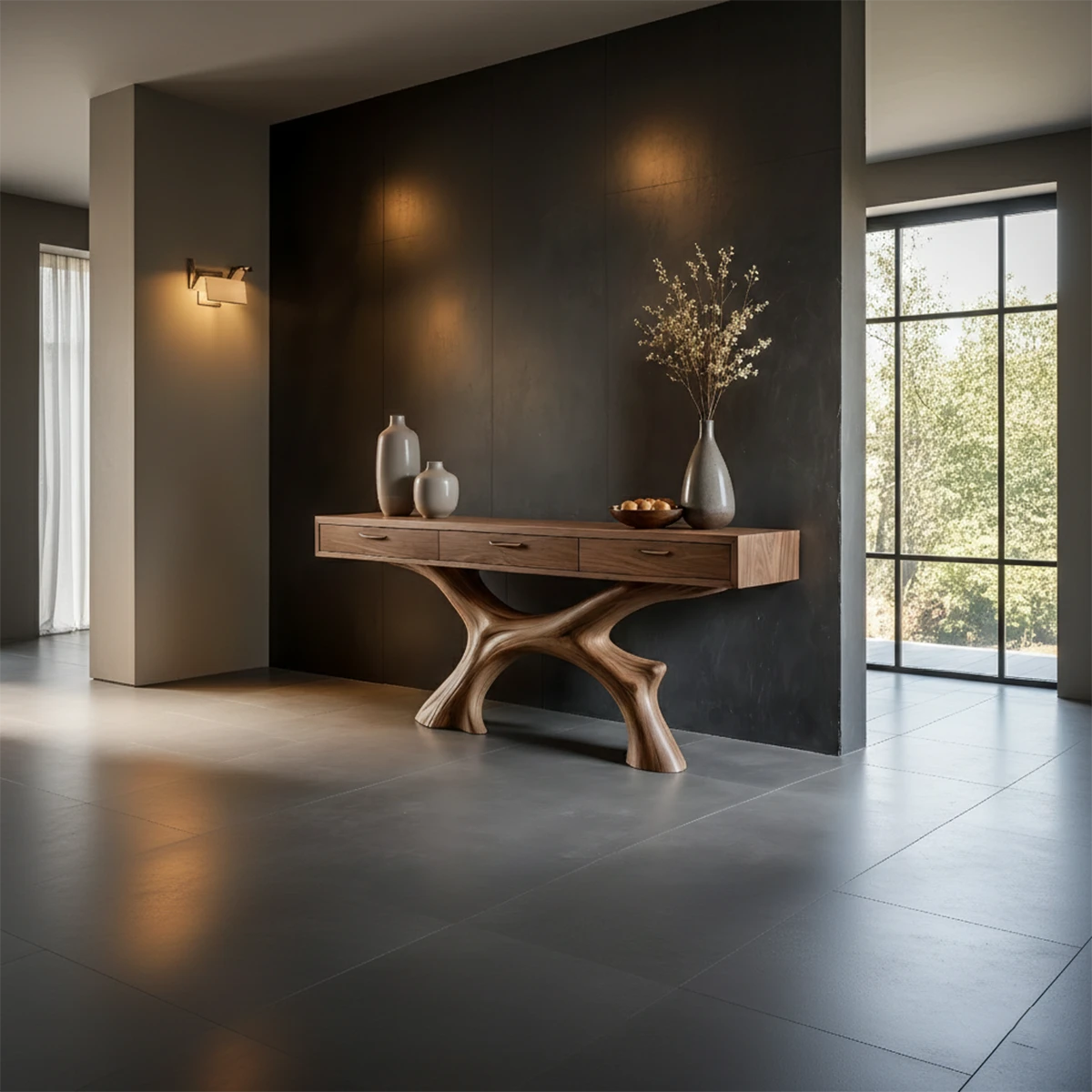 Entryway console featuring organic base design and integrated drawers for modern interiors