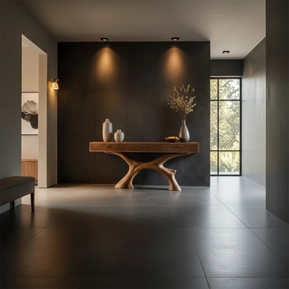 Contemporary hallway console with flowing base and functional drawer storage for daily use