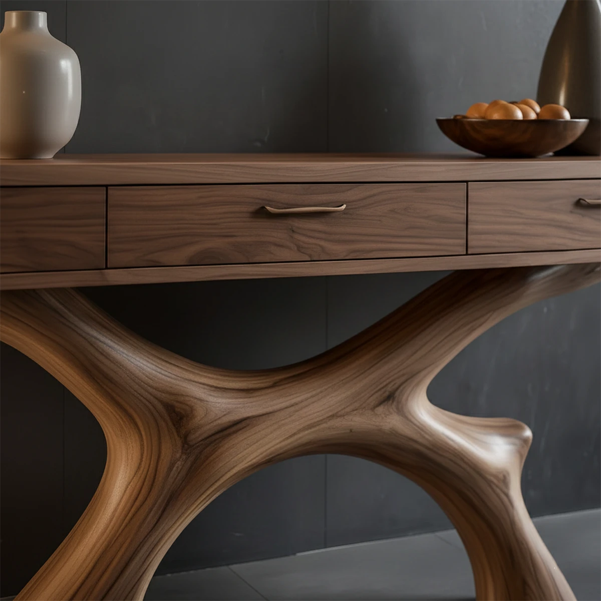 Minimalist console table with artistic base form and clean drawer storage for living spaces