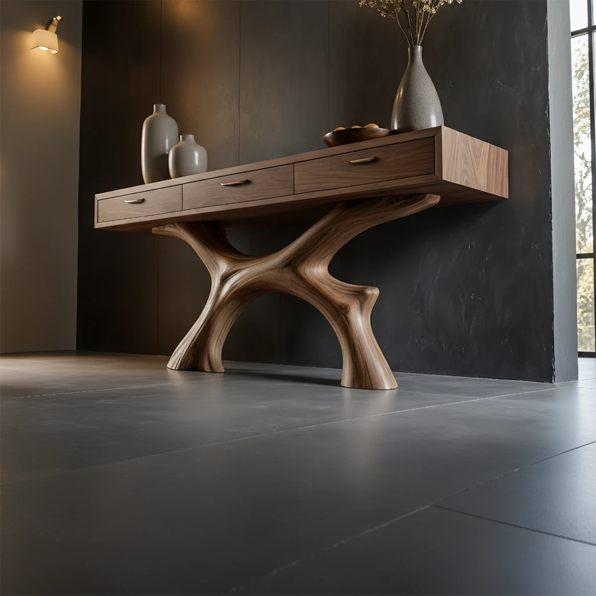 Sleek sideboard console with curved base design and hidden drawers for organized interiors
