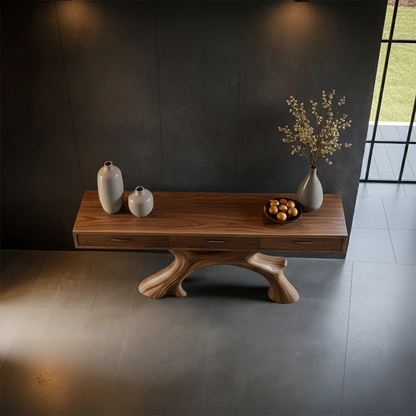 Designer console cabinet with sculpted base and smooth drawers for modern home entryways