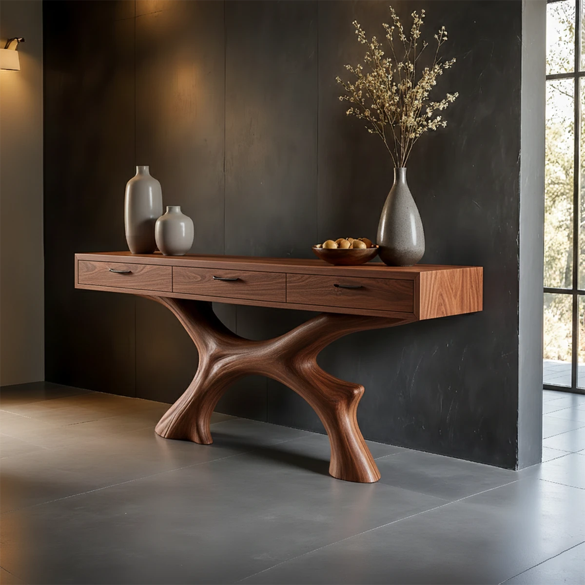 Elegant hallway table with organic base structure and practical drawer storage functionality
