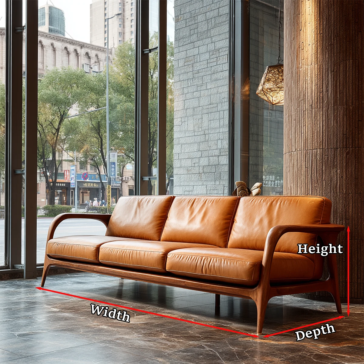 Premium modern sofa with curved wood arms, leather cushions and refined natural wood frame in bright living room.