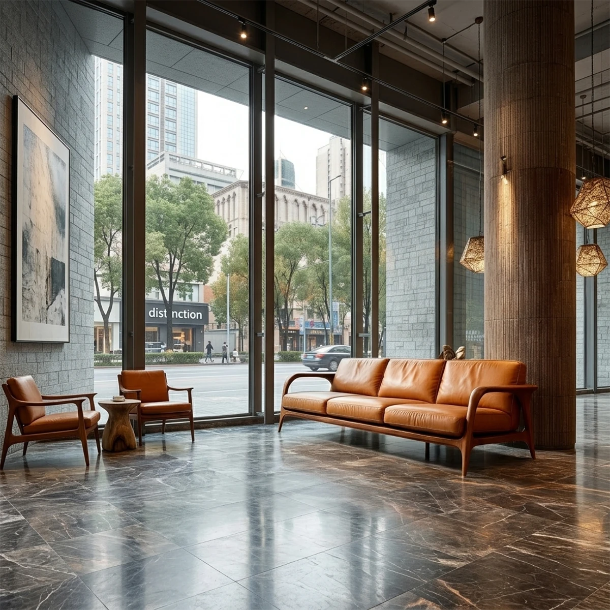 Contemporary living room sofa featuring smooth leather seating and sculpted natural wood armrest design