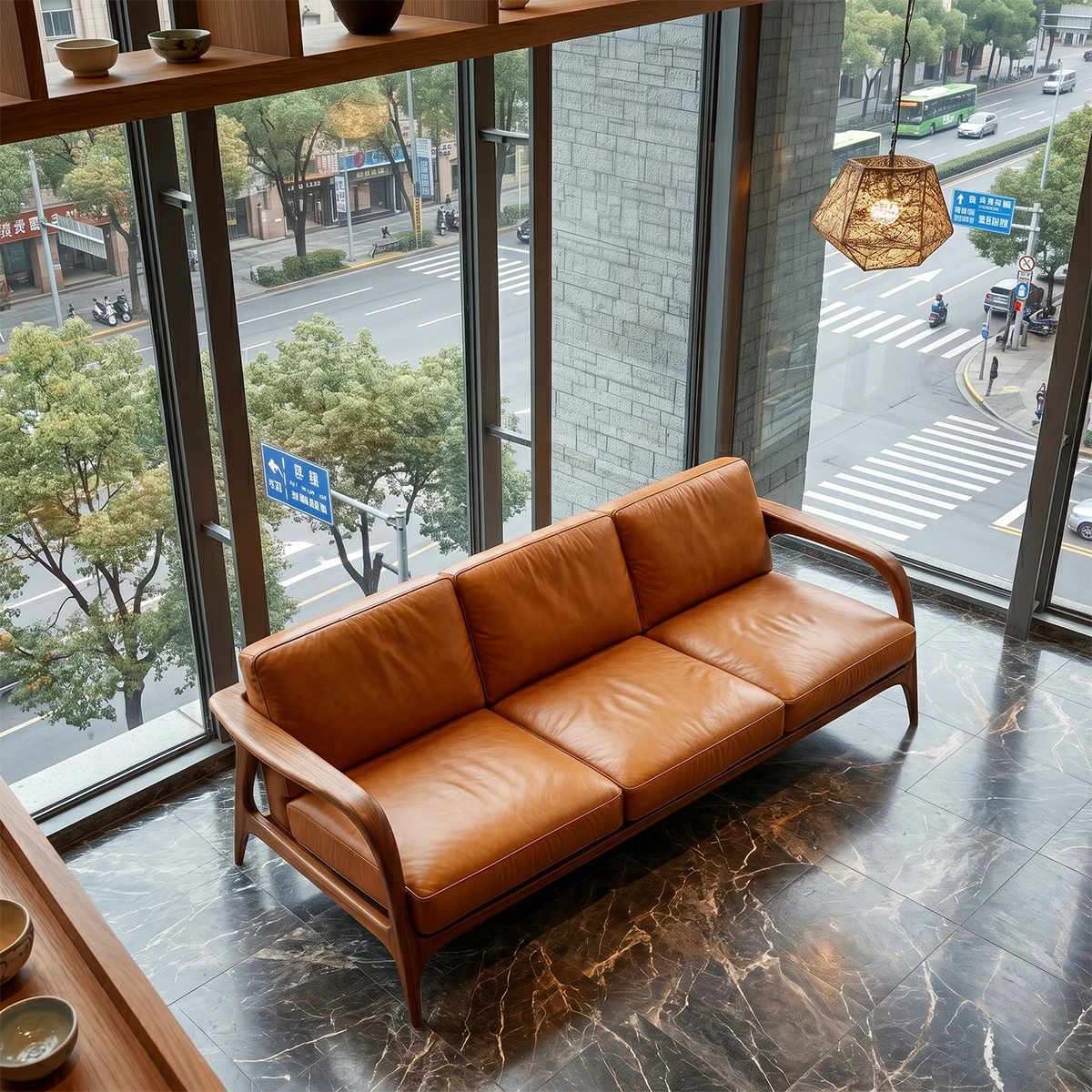 Stylish lounge sofa combining leather seating and natural wood structure in contemporary home decor