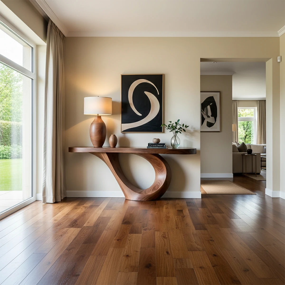 A sculptural console table with smooth curved wood base adds elegance to this contemporary space