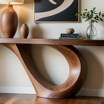 Solid wood console table with flowing loop base displayed in a refined modern interior setting