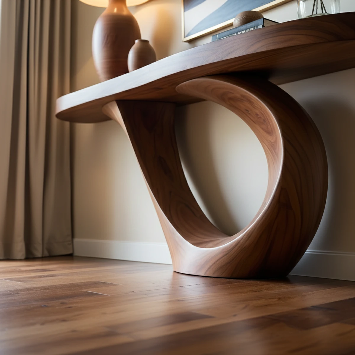 In this minimalist room, a curved console table brings warmth and organic movement to the space
