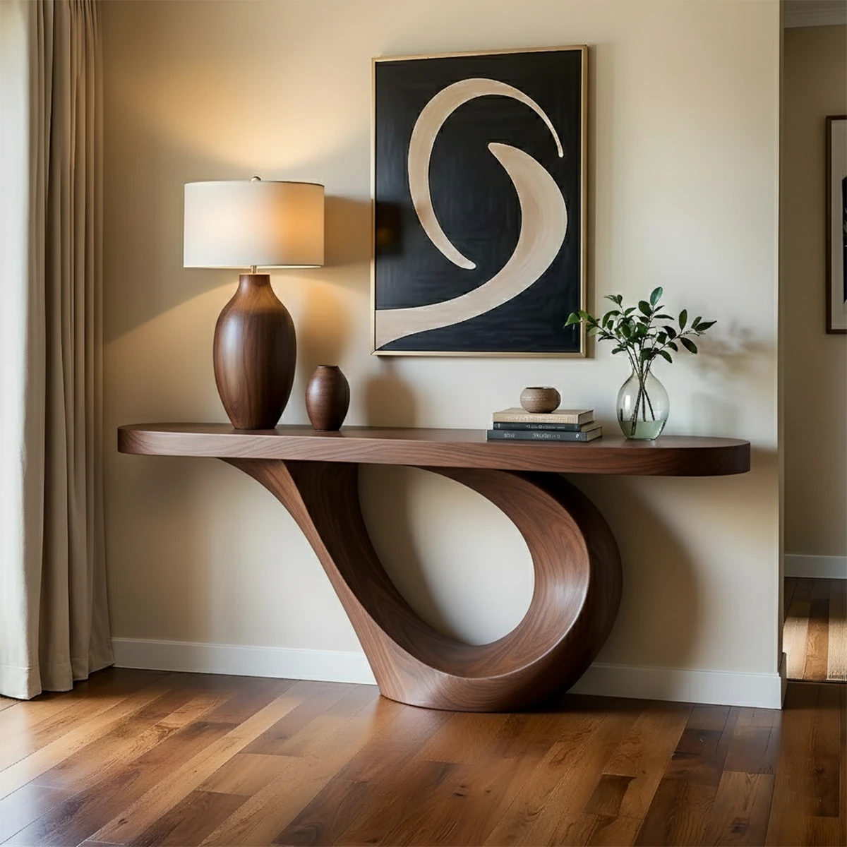 This modern console table features a curved base design crafted from richly grained natural wood