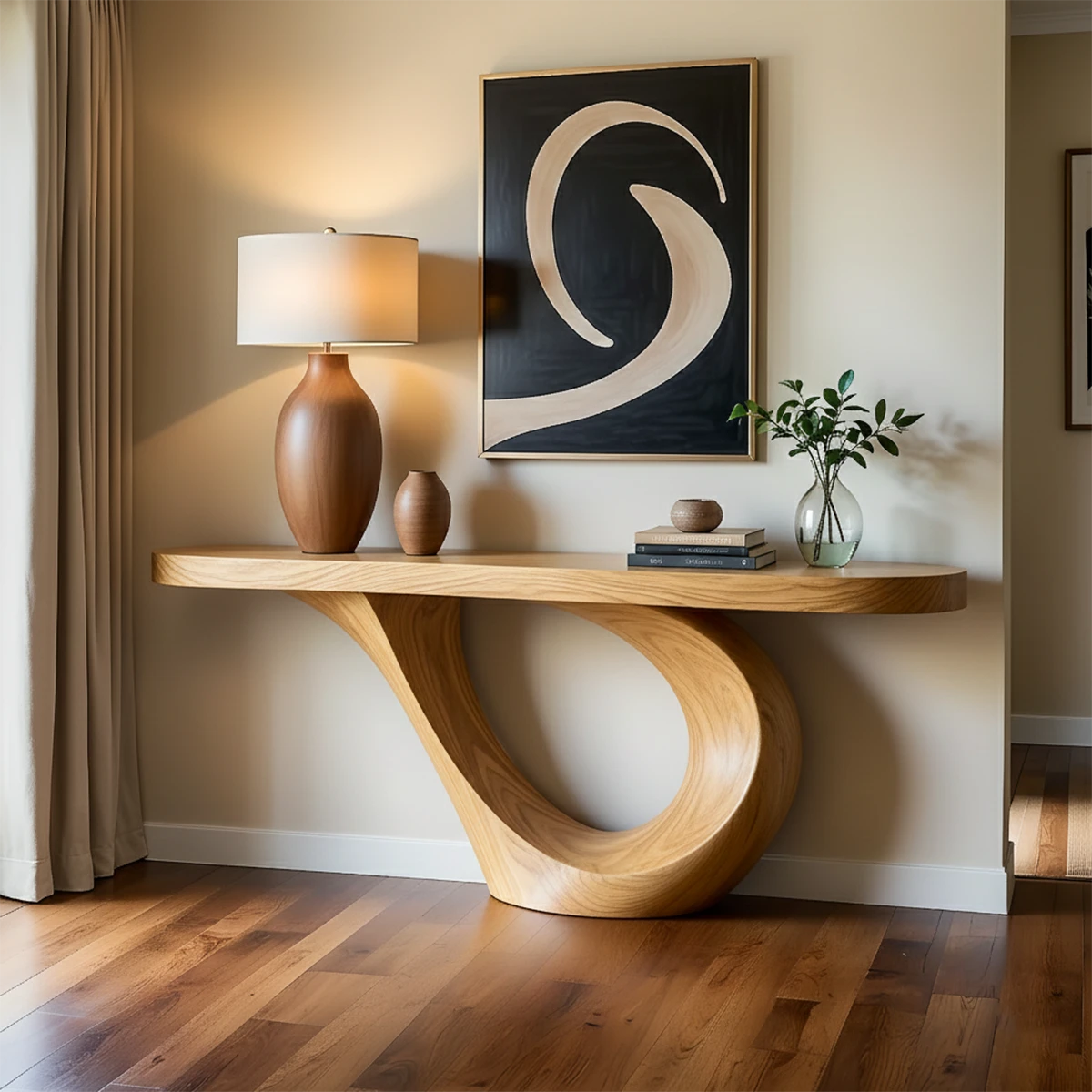 A contemporary wood console table with looped base creates a striking focal point in the room