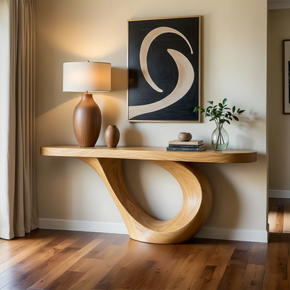 A contemporary wood console table with looped base creates a striking focal point in the room