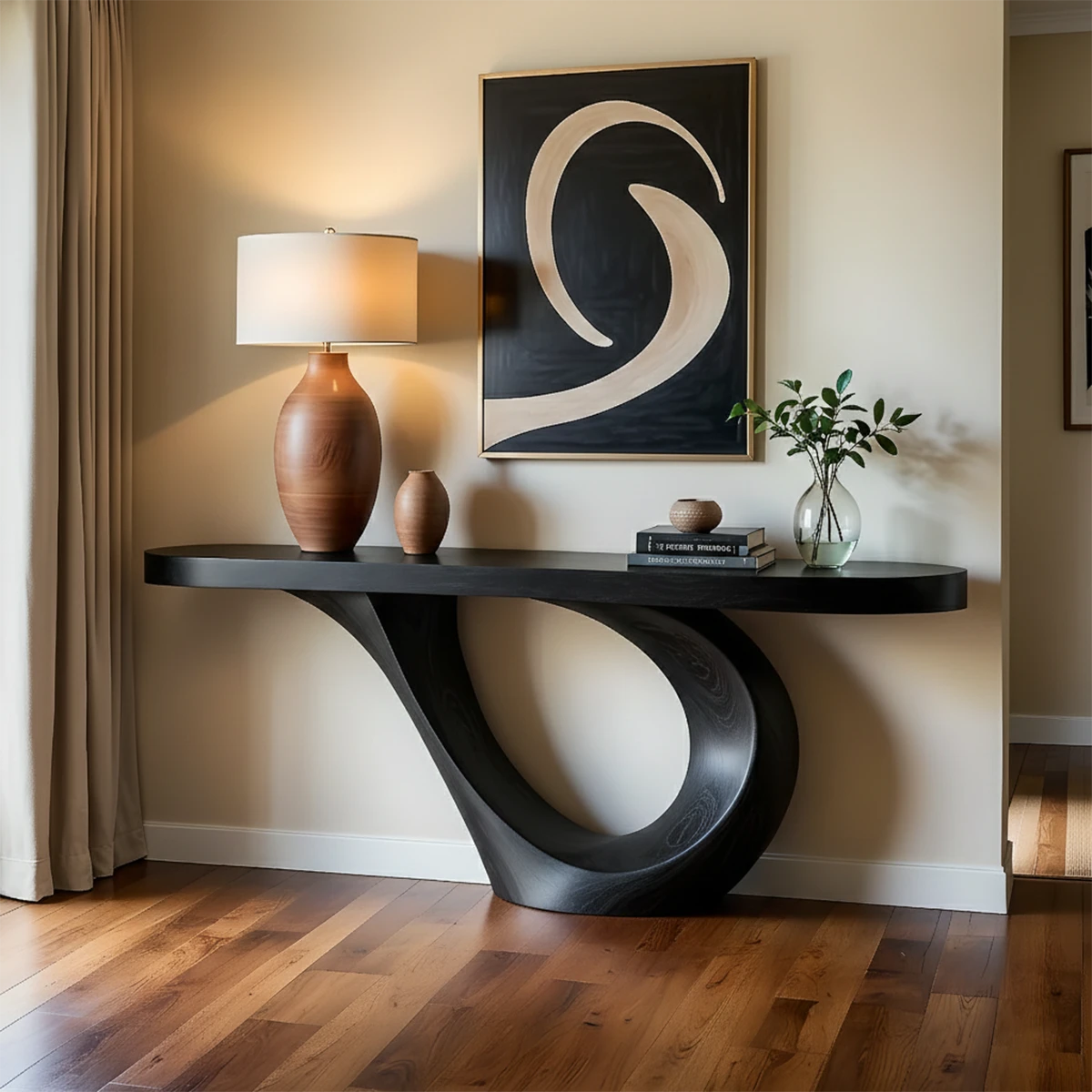 Smooth curved console table in solid wood complements this calm and balanced home décor style