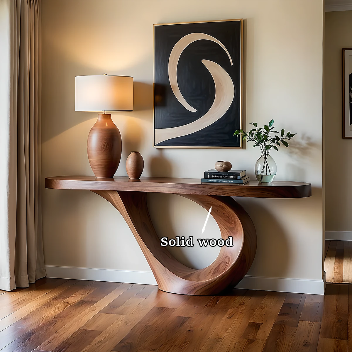 Refined interior featuring a sculptural console table with flowing wood form and organic texture